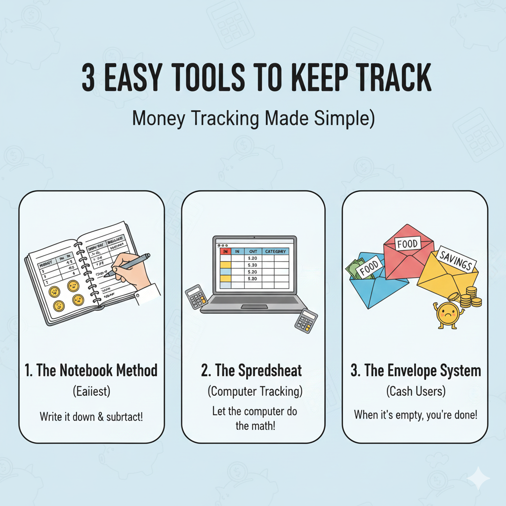 Infographic showing three easy tools for money tracking: a notebook for the Notebook Method, a laptop screen displaying a spreadsheet for the Spreadsheet Method, and labeled envelopes for the Envelope System, simplifying budget management.