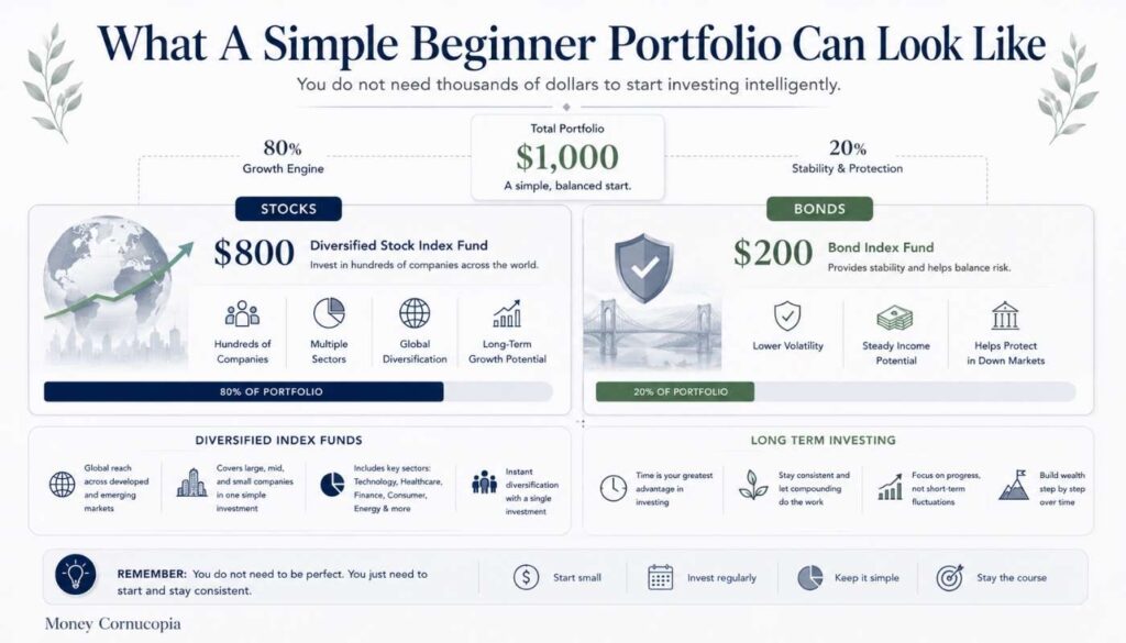Example beginner investment portfolio showing $800 invested in diversified stock index funds and $200 invested in bond index funds.