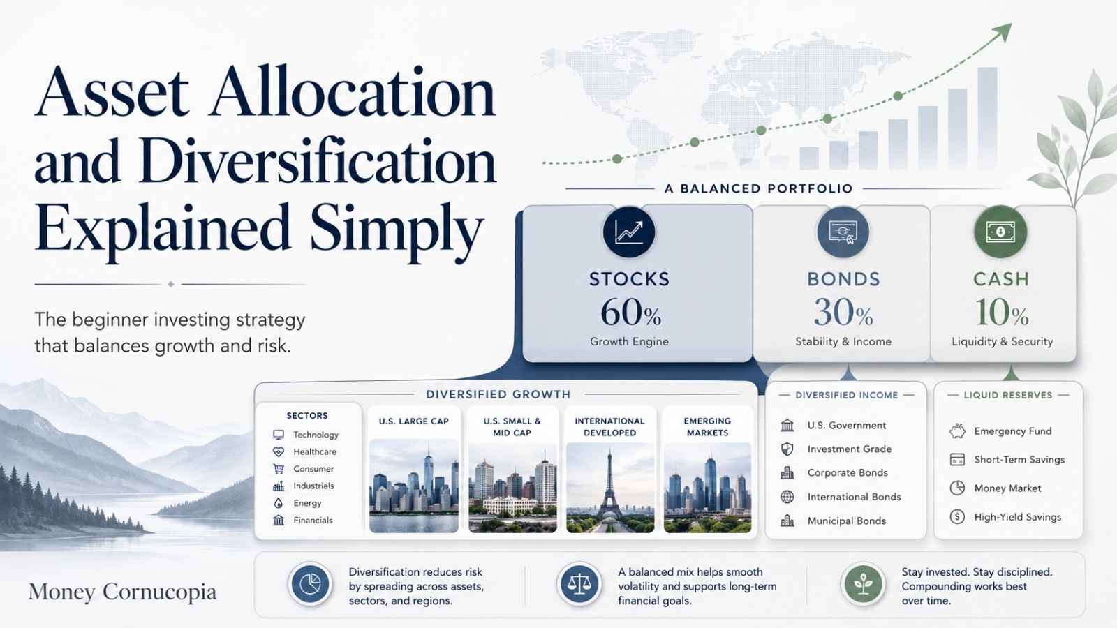 Balanced investment portfolio showing stocks, bonds, and cash allocations with diversified sectors and long term investing visuals for beginner investors.