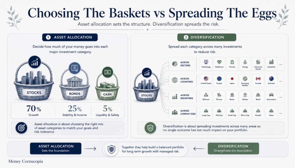 Comparison infographic showing asset allocation as choosing investment categories and diversification as spreading investments within those categories.