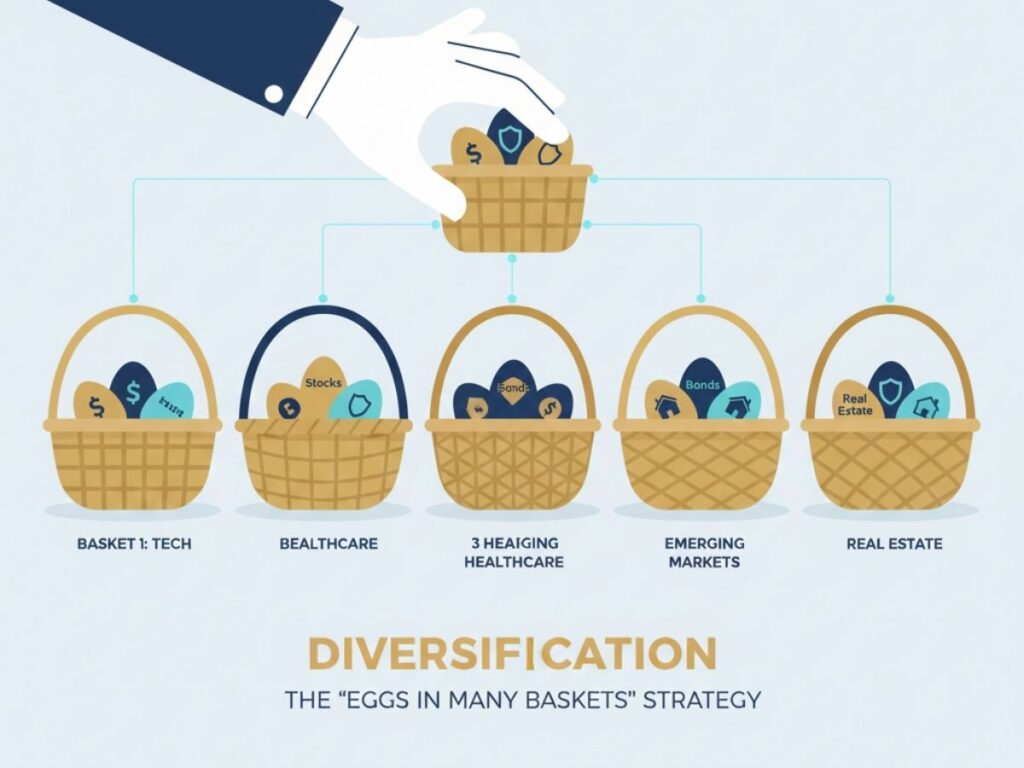 A professional graphic showing multiple baskets labeled with different asset classes, like Real Estate and Tech, to visualize the "don't put all your eggs in one basket" rule.