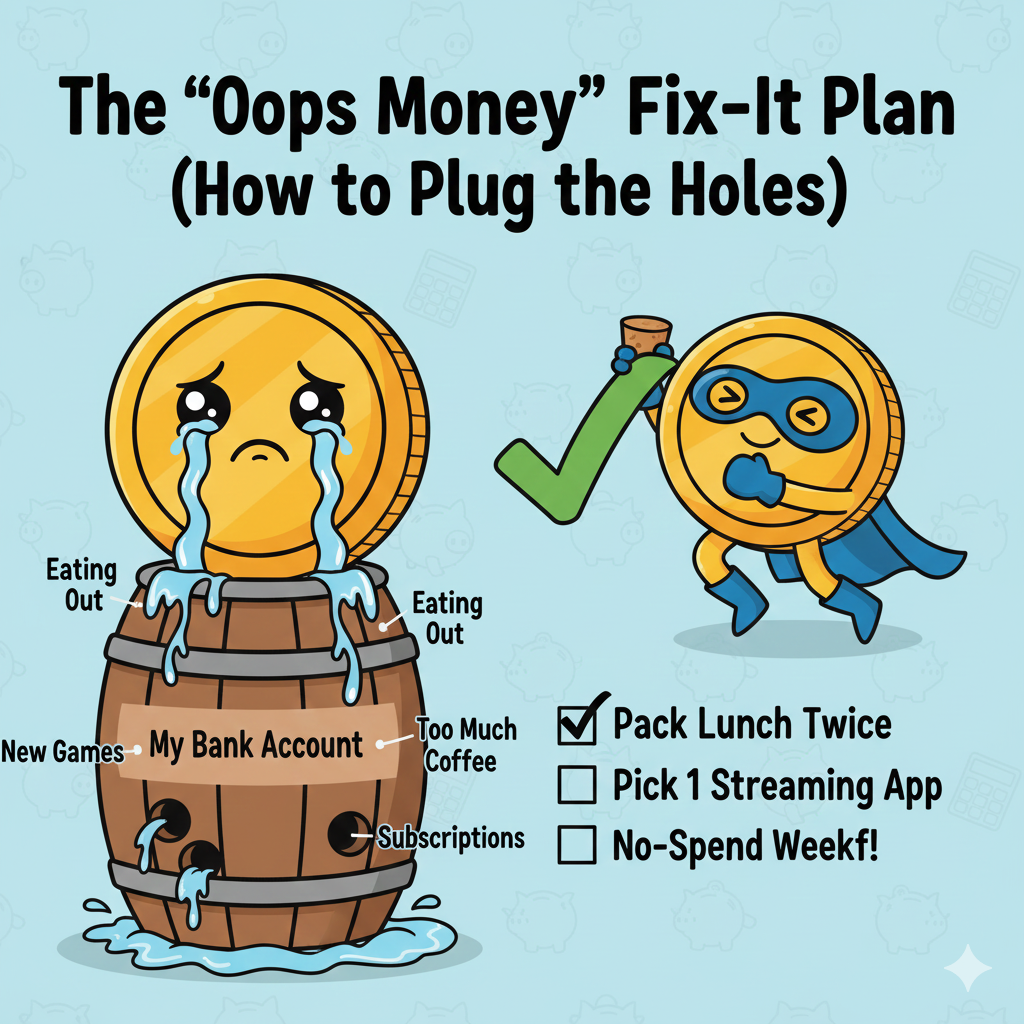 Cartoon illustration of the "Oops Money" Fix-It Plan, showing a hand 'plugging' holes in the money flow. This visual represents simple budget solutions for common spending leaks like eating out, new games, and coffee.