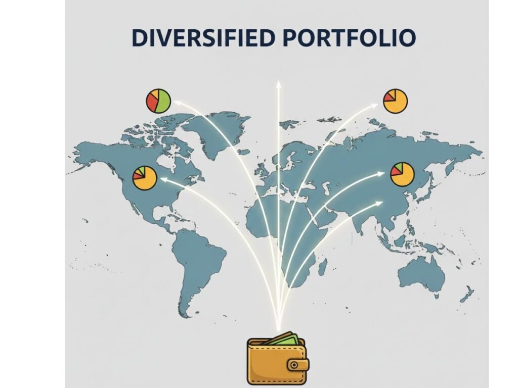 A world map with small pie chart icons over different continents, illustrating the concept of spreading investments across global markets to reduce risk. All about asset allocation
