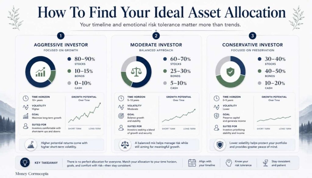 Aggressive, moderate, and conservative investment portfolio examples showing stock, bond, and cash allocations based on risk tolerance and time horizon.