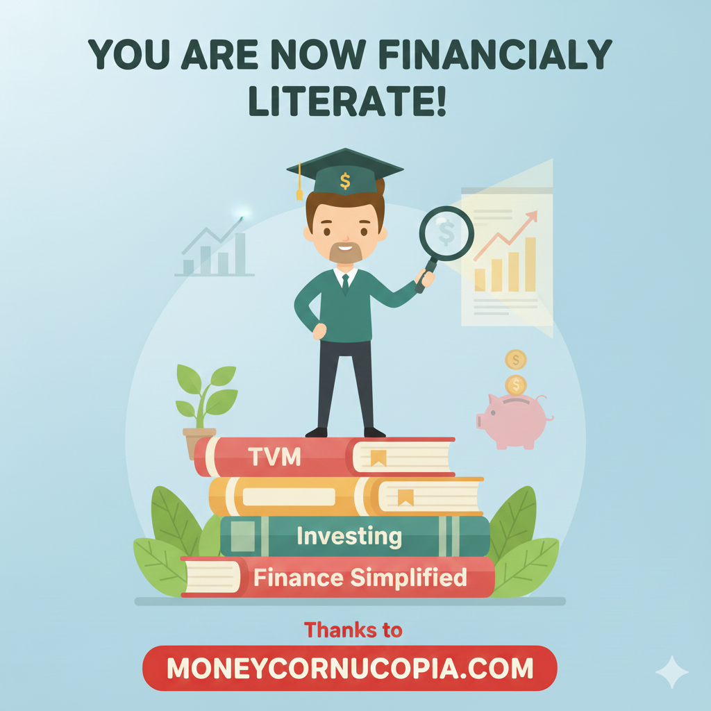 A relatable illustration of a person feeling confident and empowered with financial knowledge, holding a lightbulb or a glowing book, symbolizing the transition from confusion to financial literacy after learning about the Time Value of Money.
