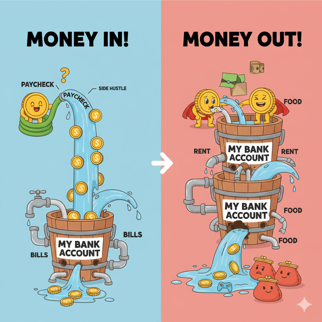 Diagram illustrating the Money In minus Money Out score check. Shows happy money (positive score) and oops money (negative score) with specific leaks to plug.