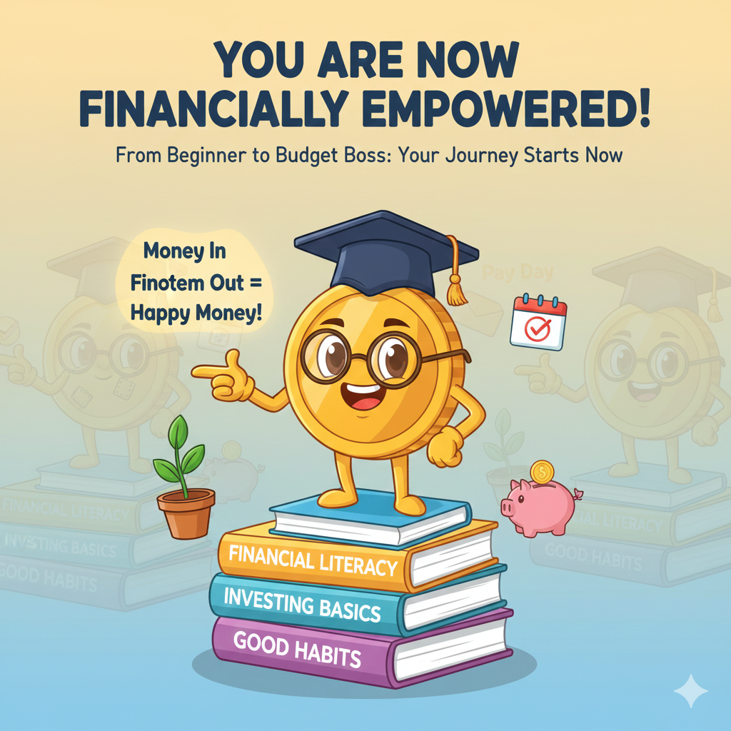 A cheerful illustration of a person confidently standing on a stack of money, holding a diploma or certificate, symbolizing the completion of a financial education journey and the acquisition of good money habits.