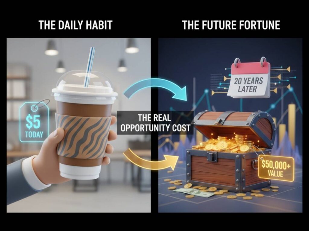 A split-screen comparison showing a $5 cup of coffee today next to a treasure chest representing the $50,000 it could become in 20 years through compound interest.