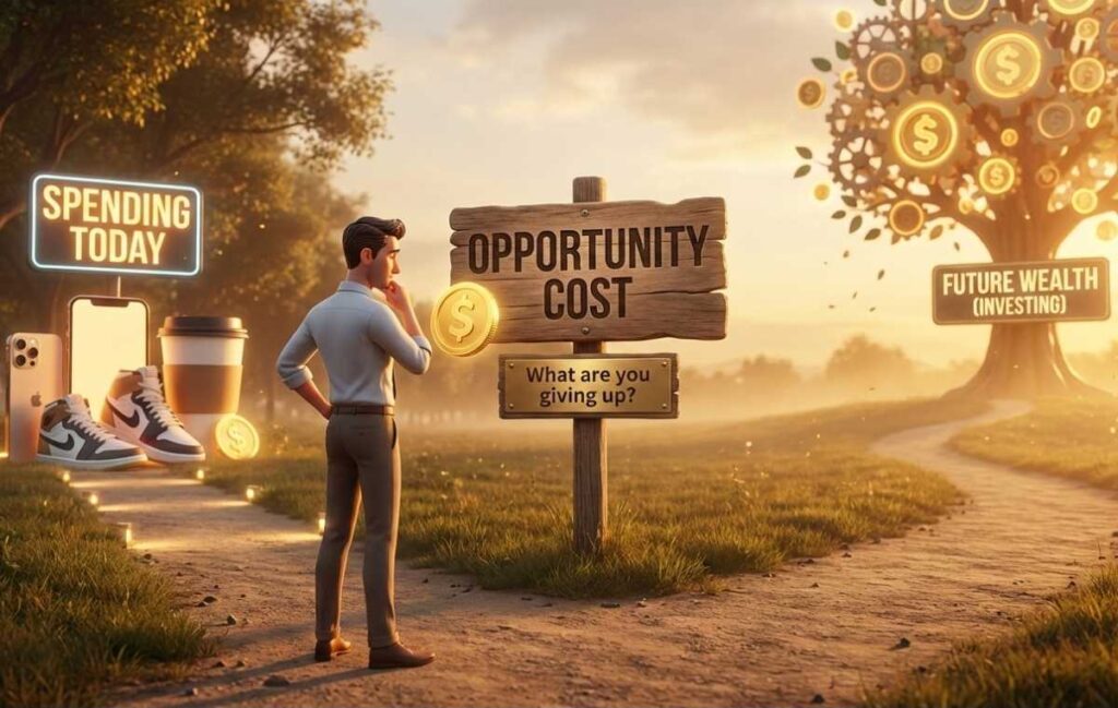 A person standing at a fork in a road choosing between a path to immediate spending and a path to long-term wealth growth, illustrating the concept of opportunity cost.