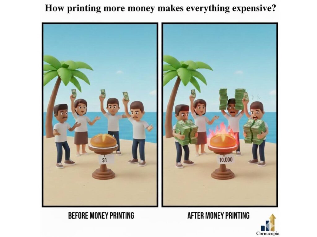 A two-panel comic of an island auction. Panel one shows five people with 1 dollar bidding on bread priced at 1 dollar. Panel two shows the same people with 1,000 dollars bidding on the same bread now priced at 1,000 dollars.