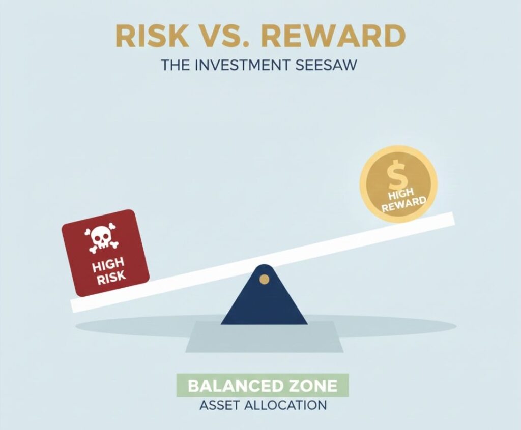 A minimalist seesaw diagram showing the relationship between investment risk and potential reward, used to explain financial trade-offs for beginners.