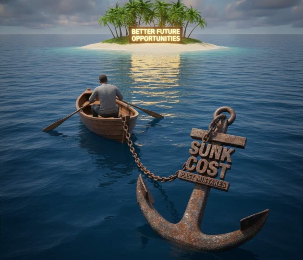 A person in a rowboat unable to move toward a sunny island because they are held back by a heavy anchor labeled Sunk Cost, representing past financial mistakes.