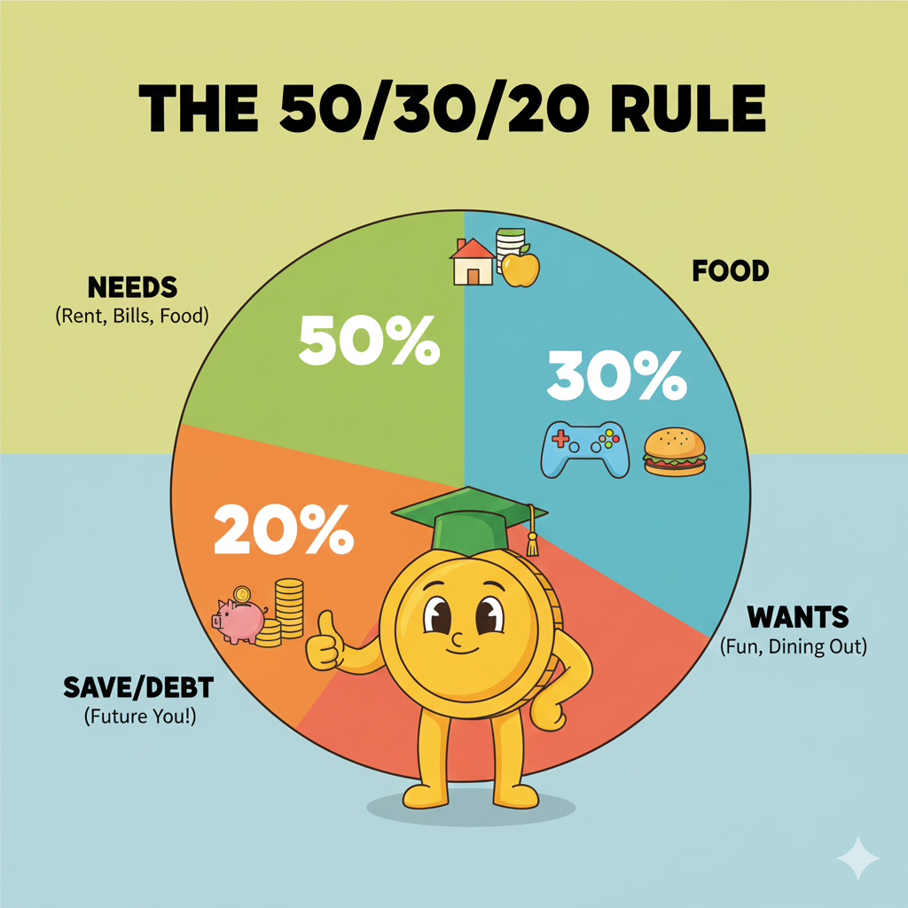 Visual representation of the 50/30/20 budget rule for money allocation: 50 percent needs, 30 percent wants, and 20 percent savings, a great tool in any simple budget guide.
