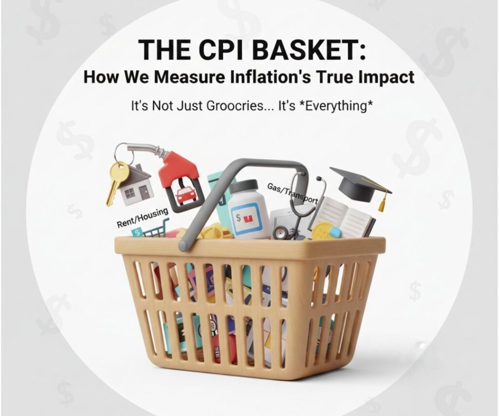 A 3D illustration of a wooden grocery basket representing the Consumer Price Index (CPI), containing traditional food items mixed with a house key for rent, a gasoline pump nozzle for fuel, and a medical stethoscope to show how inflation tracks the total cost of living.