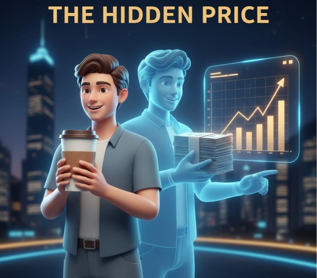 A 3D illustration of a person holding a coffee cup while a translucent ghost version of themselves points to a growing investment chart, symbolizing the hidden opportunity cost of daily spending.