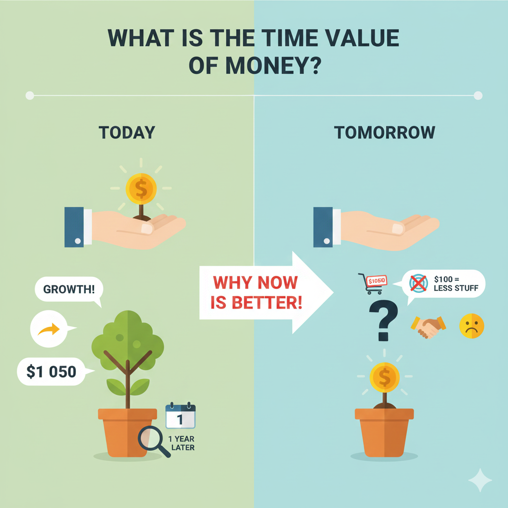 A simple educational diagram showing two scenarios: one where a person plants a 'money seed' today and has a growing tree by next year, and another where they wait a year and still have nothing, illustrating the three core pillars of the Time Value of Money: growth, inflation, and risk.