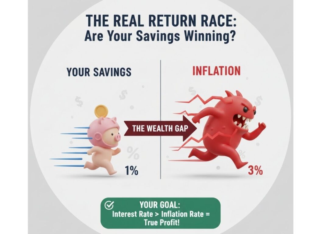 An infographic of a race track where a character representing 'Savings' is running slowly at 1% interest, while a character representing 'Inflation' is sprinting ahead at 3% speed, showing the gap in wealth.