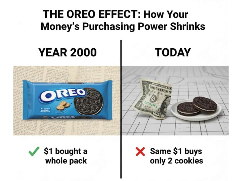 A side-by-side comparison showing a 1 dollar bill buying a full pack of Oreo cookies in the year 2000 versus the same 1 dollar bill buying only two single cookies today.
