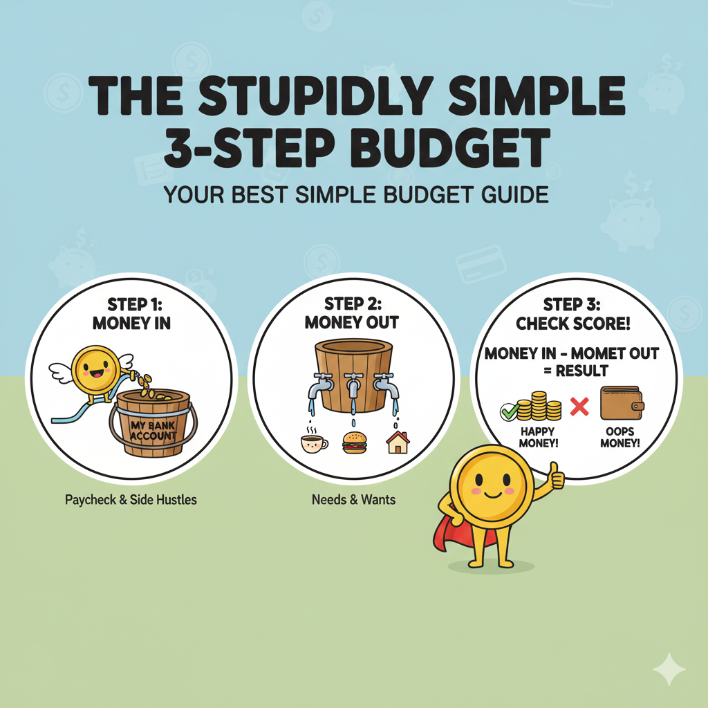 A colorful cartoon simple budget guide infographic featuring a happy gold coin standing next to a bucket of "Happy Money" and a red "Oops Money" box. The graphic illustrates the 3-step formula (Money In - Money Out = Score) and provides a checklist for fixing spending leaks like new games and too much coffee, making it a comprehensive beginner's visual aid.