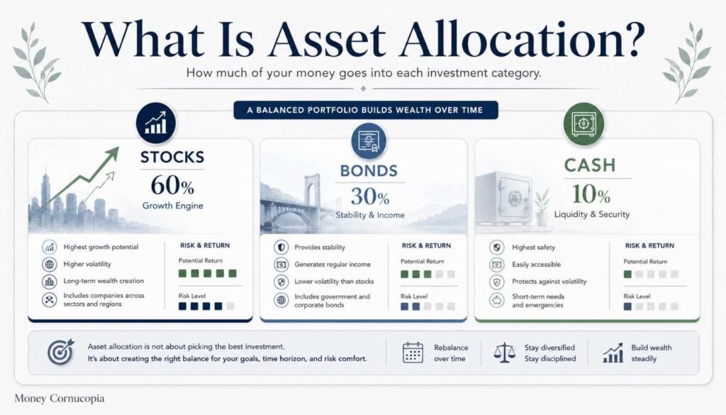 Structured investment portfolio divided into stocks, bonds, and cash with different risk and growth indicators for beginner investors.