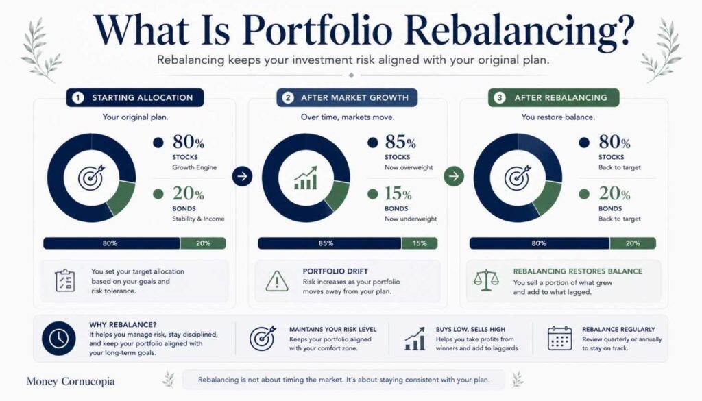Investment portfolio shifting from 80 percent stocks and 20 percent bonds to an unbalanced allocation before being rebalanced back to target percentages.