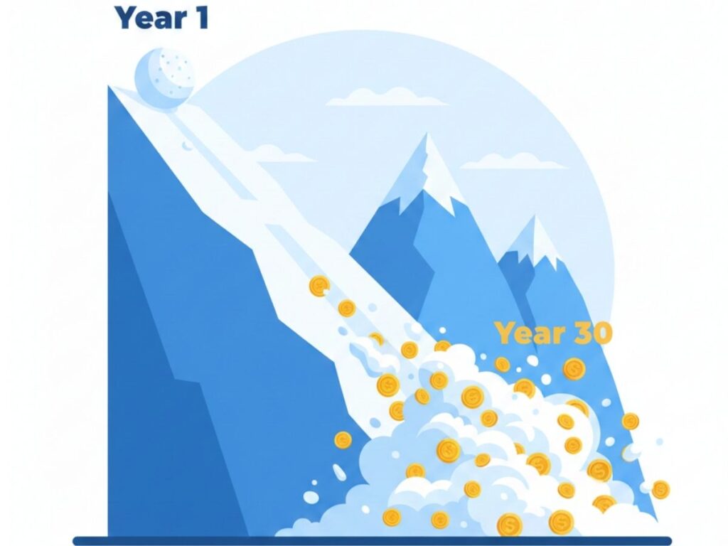 An illustration of the snowball effect showing how $1,000 grows into a massive avalanche of wealth over 30 years through compound interest.