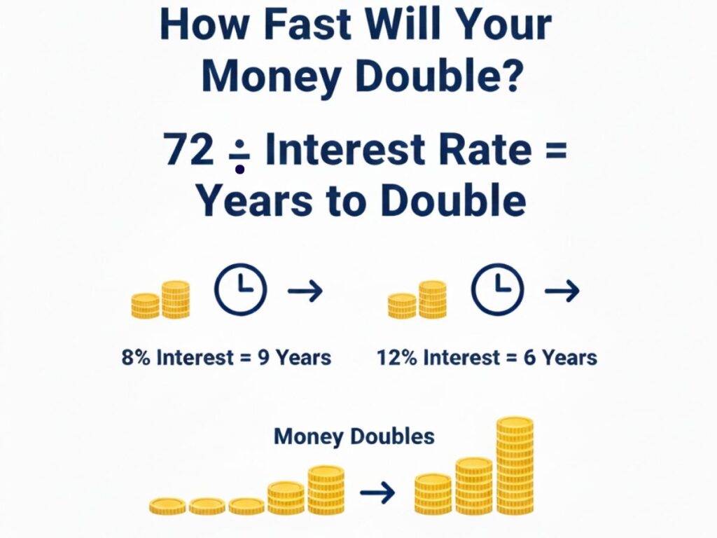 A simple math formula showing how to divide 72 by your interest rate to find out how many years it takes for your money to double.