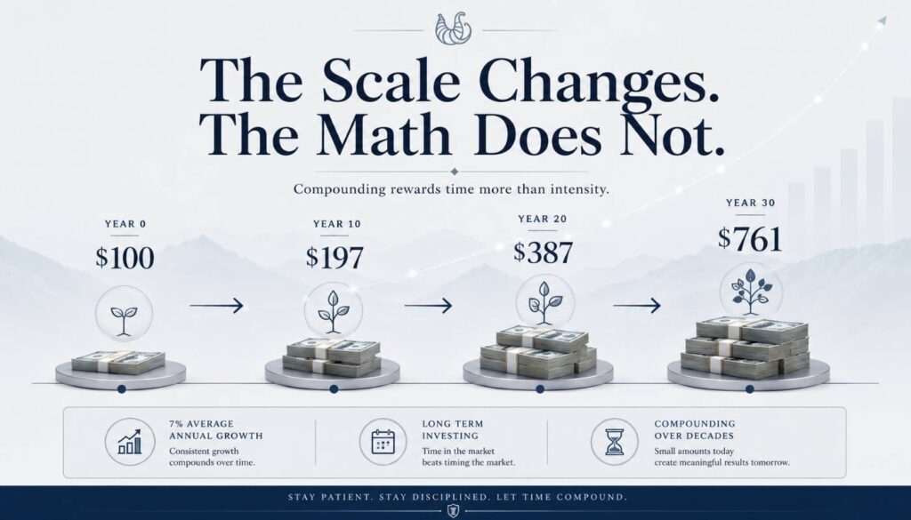 Long term compounding timeline showing how 100 dollars grows over 30 years