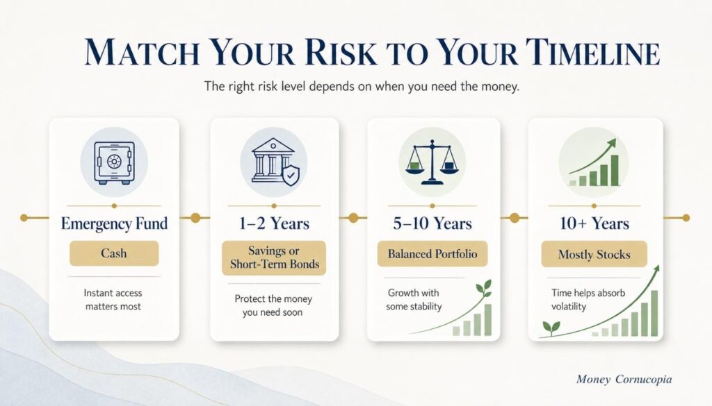 A beginner investing framework showing how emergency funds, short-term money, medium-term goals, and long-term investing match different risk levels.