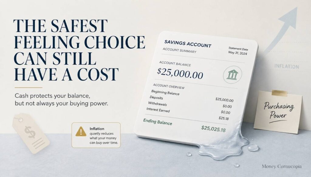 A savings account statement melting slightly to show how inflation can reduce purchasing power over time.