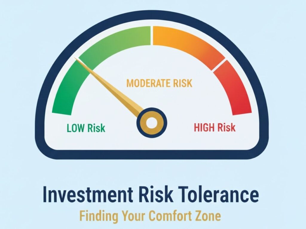 A professional vector illustration of a minimalist dashboard dial on a navy blue background. The gauge features a color-coded spectrum from green to red, labeled "Low" and "High" to represent investment risk levels. A gold needle points toward the high-risk zone, visually illustrating the concept of risk tolerance in a wealth-building strategy.