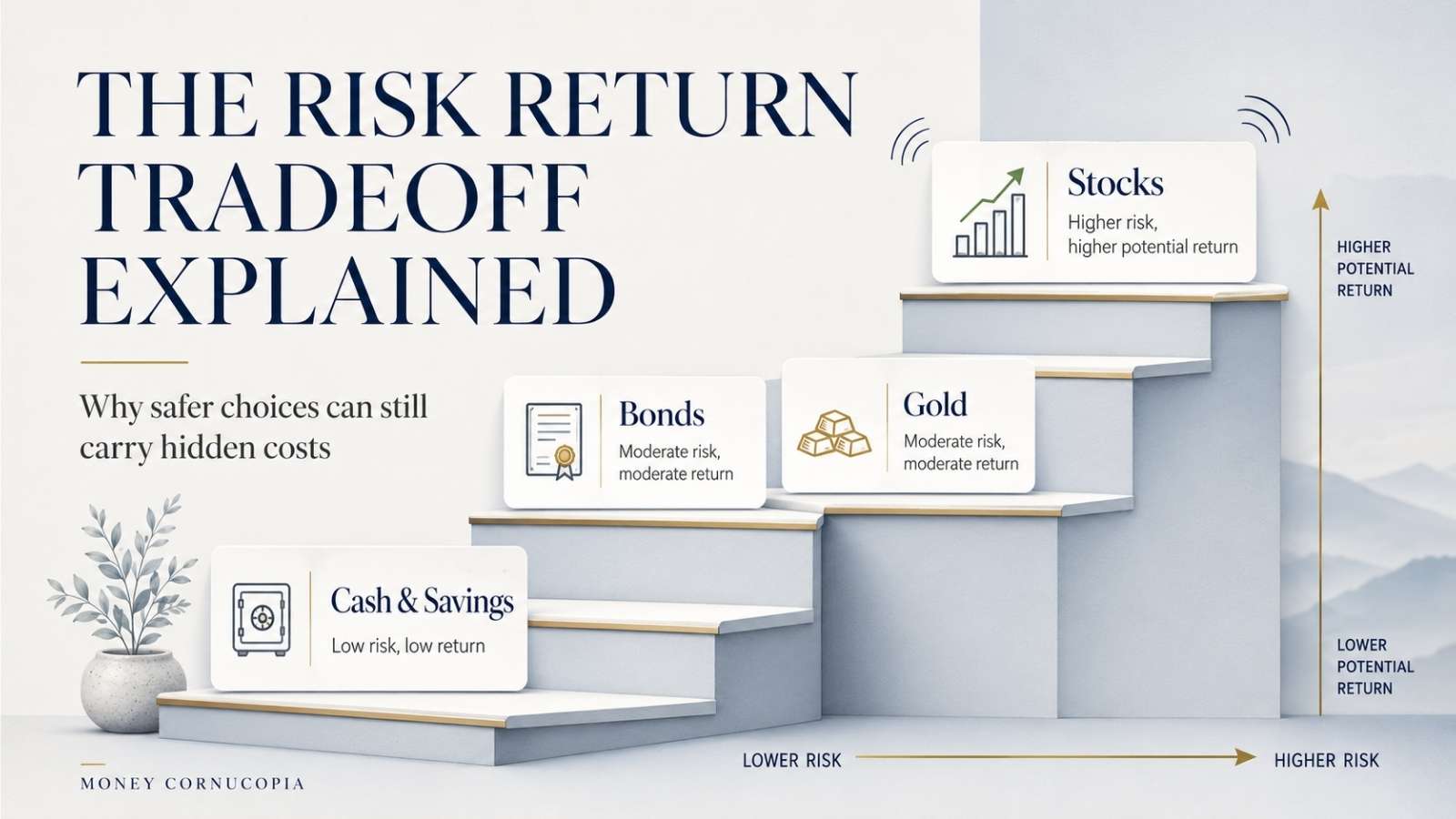 A clean risk return tradeoff diagram showing cash, bonds, gold, and stocks on a rising investment ladder for beginner investors.