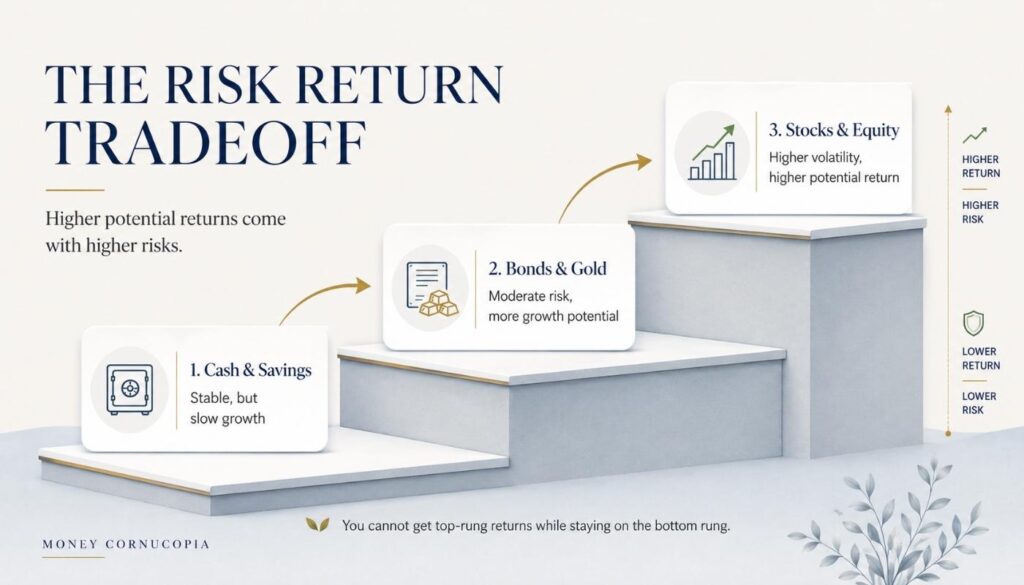 A beginner-friendly investment ladder showing savings, bonds, gold, and stocks arranged by risk level and potential return in a risk-return tradeoff