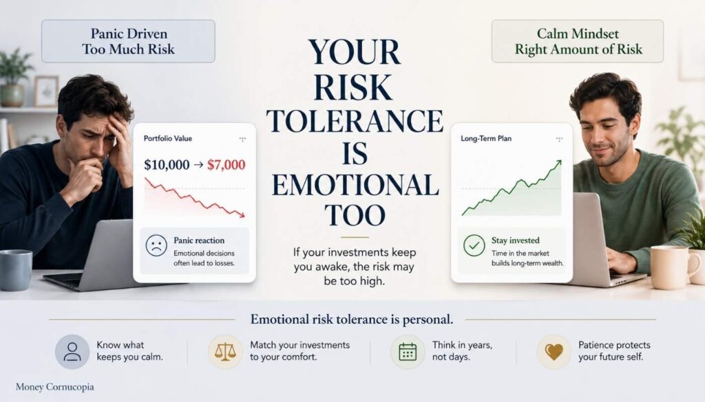 A calm comparison showing one investor stressed by a portfolio drop and another following a long-term investment plan.