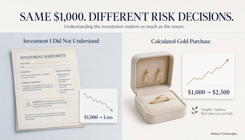 A split-screen comparison showing a $1,000 insurance investment loss beside a $1,000 gold purchase that grew to $2,500.