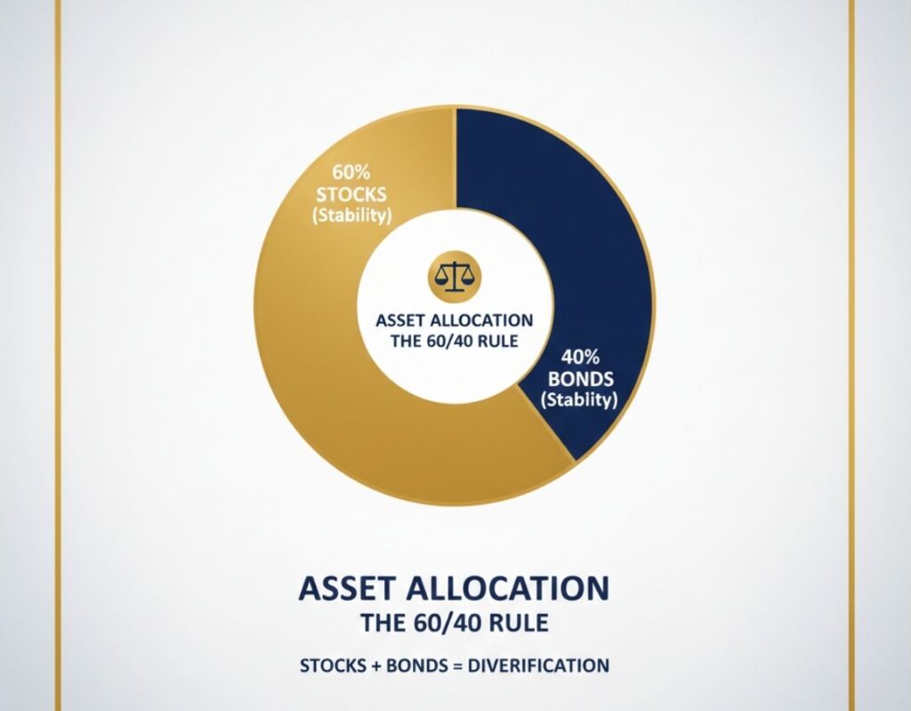 A clean 2D pie chart showing a 60/40 investment split: 60 percent in gold for stocks (owner) and 40 percent in navy for bonds (lender).