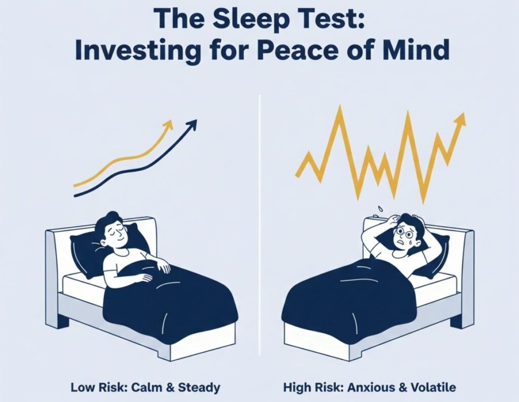 A split-screen illustration in navy and gold. On the left, a person sleeps soundly under a steady, straight navy growth line. On the right, a person tosses and turns in bed under a wild, jagged gold line, representing the emotional impact of high investment volatility on risk tolerance.