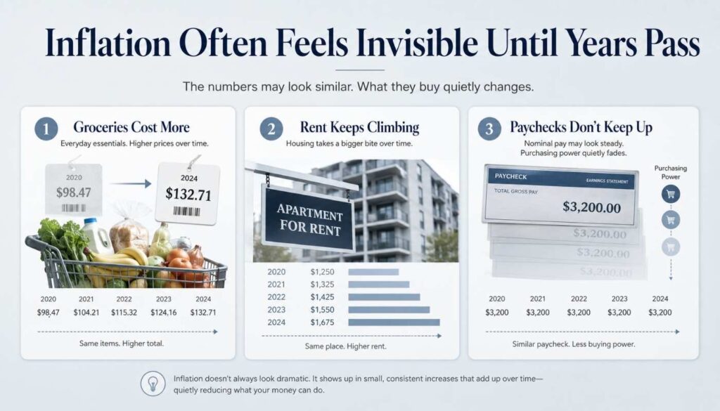 Editorial finance infographic showing rising grocery prices rent increases and shrinking purchasing power