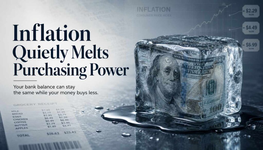 Melting ice cube made of cash symbolizing inflation slowly reducing purchasing power