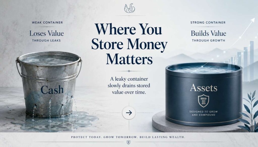 Comparison infographic showing leaking cash container versus growing asset container
