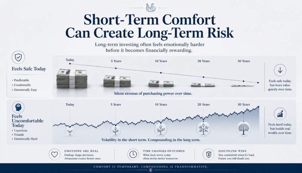 Finance infographic comparing emotional safety of cash with long term investing growth