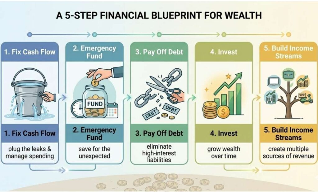 5 step wealth building plan infographic personal finance roadmap