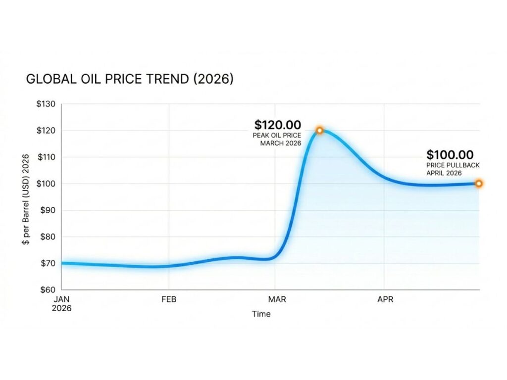 Line chart showing oil prices rising from January to April 2026, with a sharp spike in March due to global supply disruption