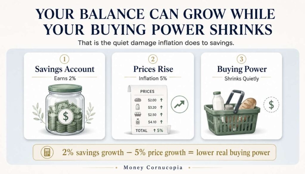 Personal finance infographic showing a savings account earning 2 percent while prices rise 5 percent, causing real buying power to shrink.