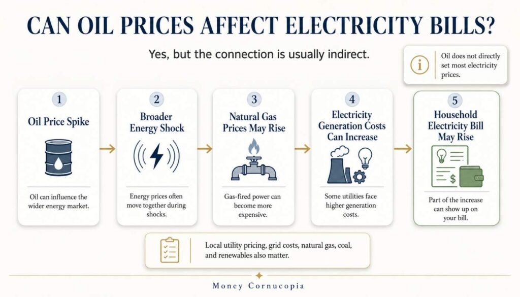 Flowchart showing an oil price spike leading to broader energy shocks, possible natural gas price increases, higher electricity generation costs, and household electricity bills.