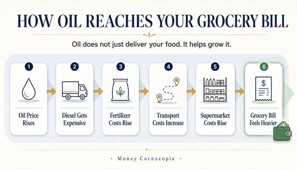 Chain reaction infographic showing oil prices raising diesel, fertilizer, transport, supermarket costs, and grocery bills.
