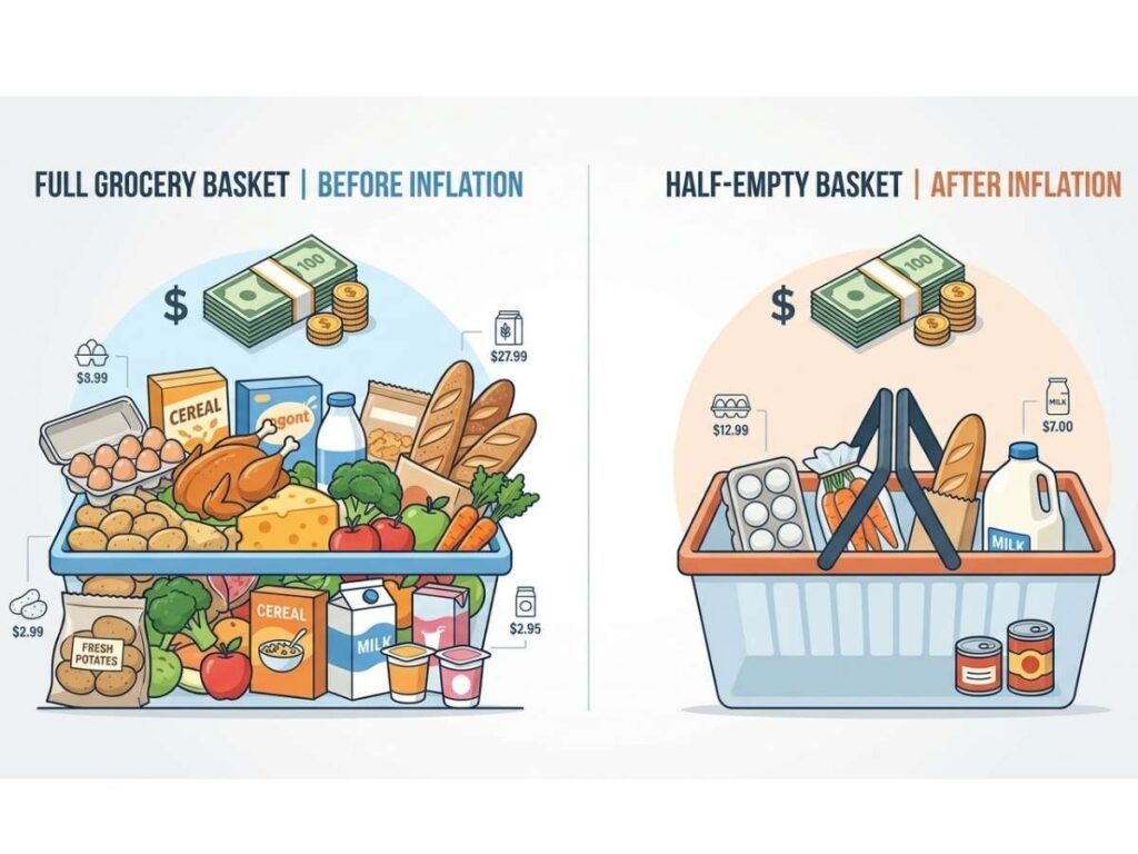 Illustration showing inflation impact where the same money buys fewer groceries due to rising oil prices
