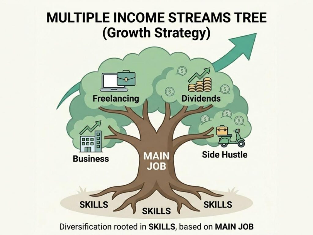 multiple income streams diagram job freelancing passive income illustration