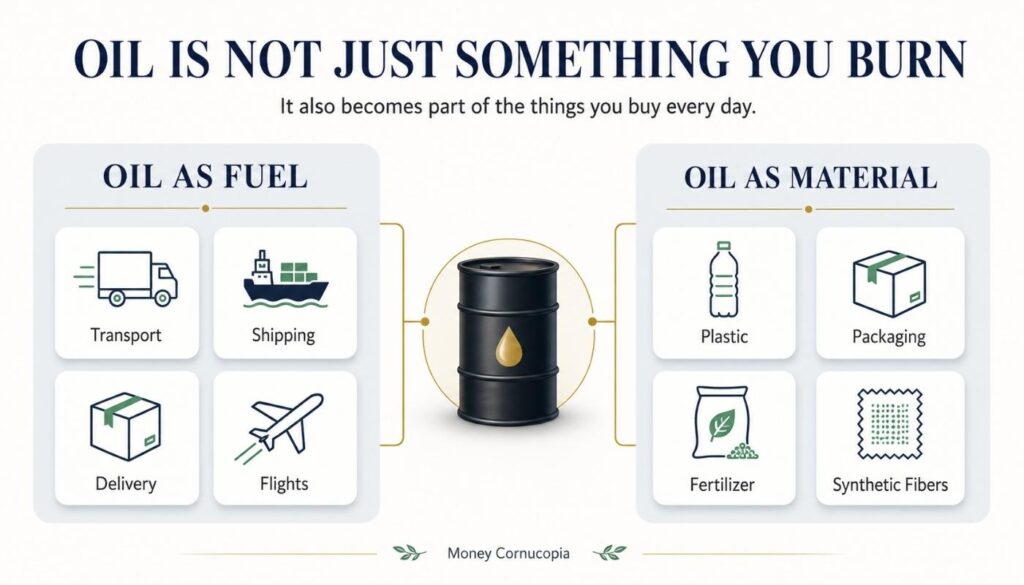 Infographic showing oil used as fuel for transport, shipping, delivery, and flights, and as material for plastic, packaging, fertilizer, and synthetic fibers.