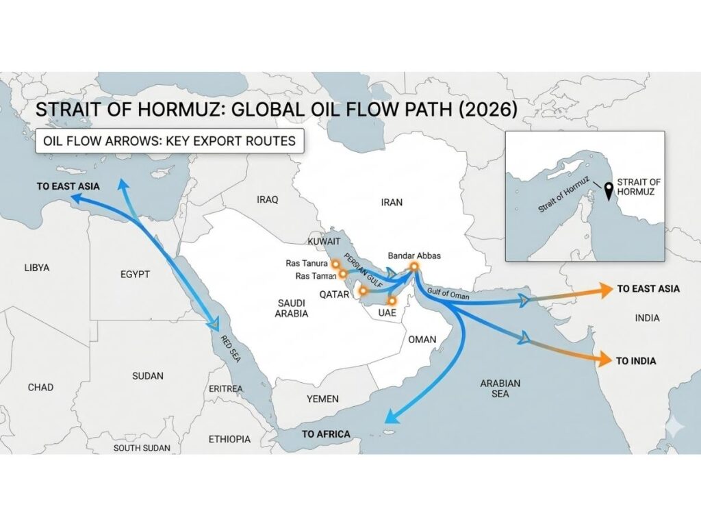 Map of the Middle East highlighting the Strait of Hormuz and global oil supply routes affected by the conflict